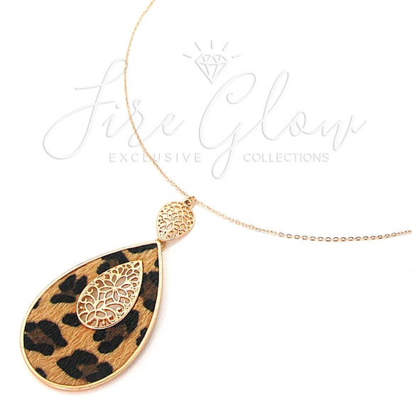 Gold Tone Teardrop Necklace Faux Fur Leopard Print - Picture 7 of 7